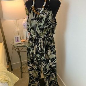 Palm Print Stretch Wide Leg Jumpsuit
